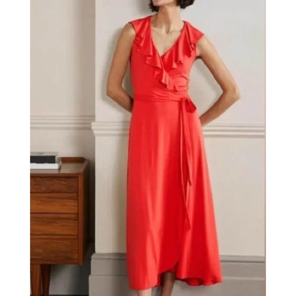 Boden‎ Saskia Wrap Ruffle Midi Jersey Dress in Coral Red Women's Size 16/18R